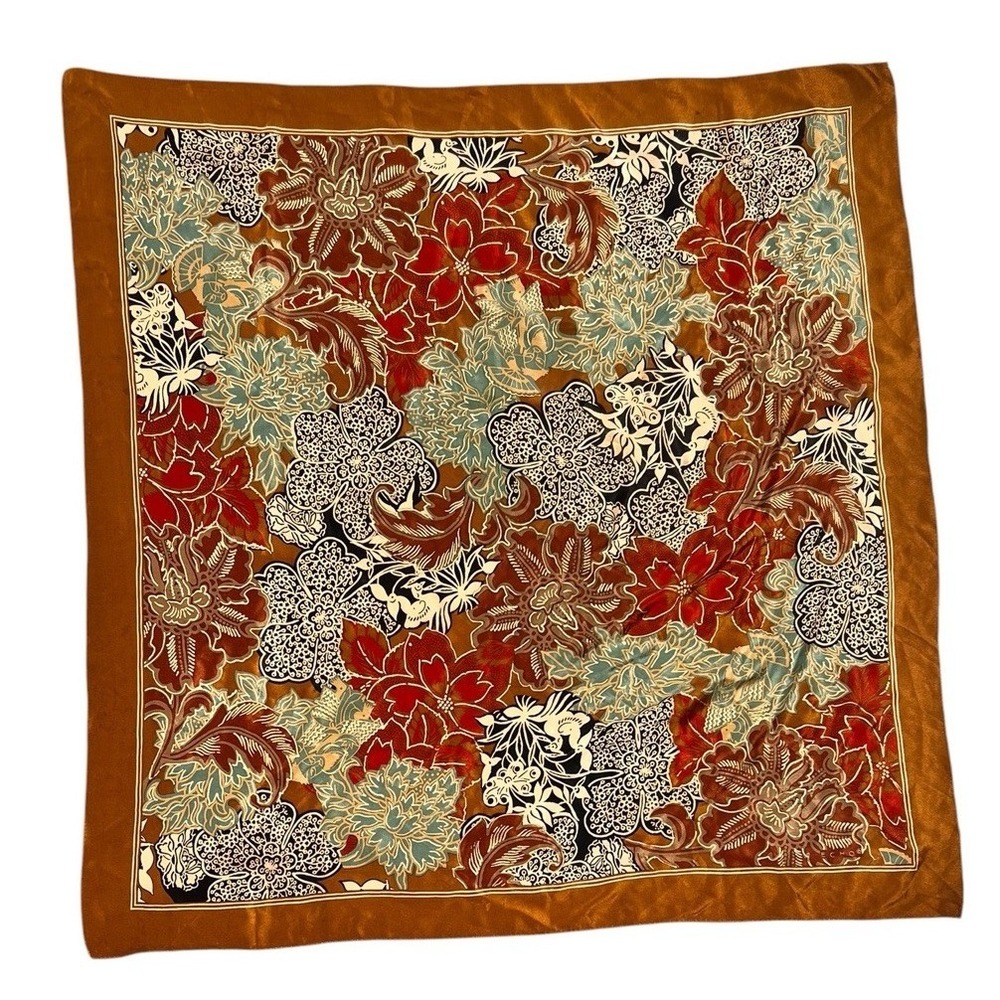 Signature ECHO Brown Gold Blue Green Floral 100% Silk Square Scarf 33x35"